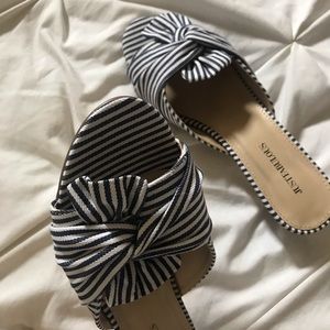 JustFab Shoes - Striped Open-Toed Kitten Heel Mules JustFab Shoes - Striped Open-Toed Kitten Heel Mules